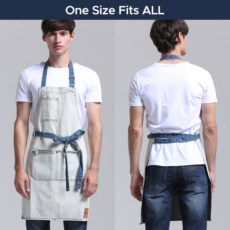 VANTOO Denim Artist Chef Kitchen Apron with Pockets for Men Women, Jean Painting Apron, Gift for Him and Her, Dad and Mom - Image 5
